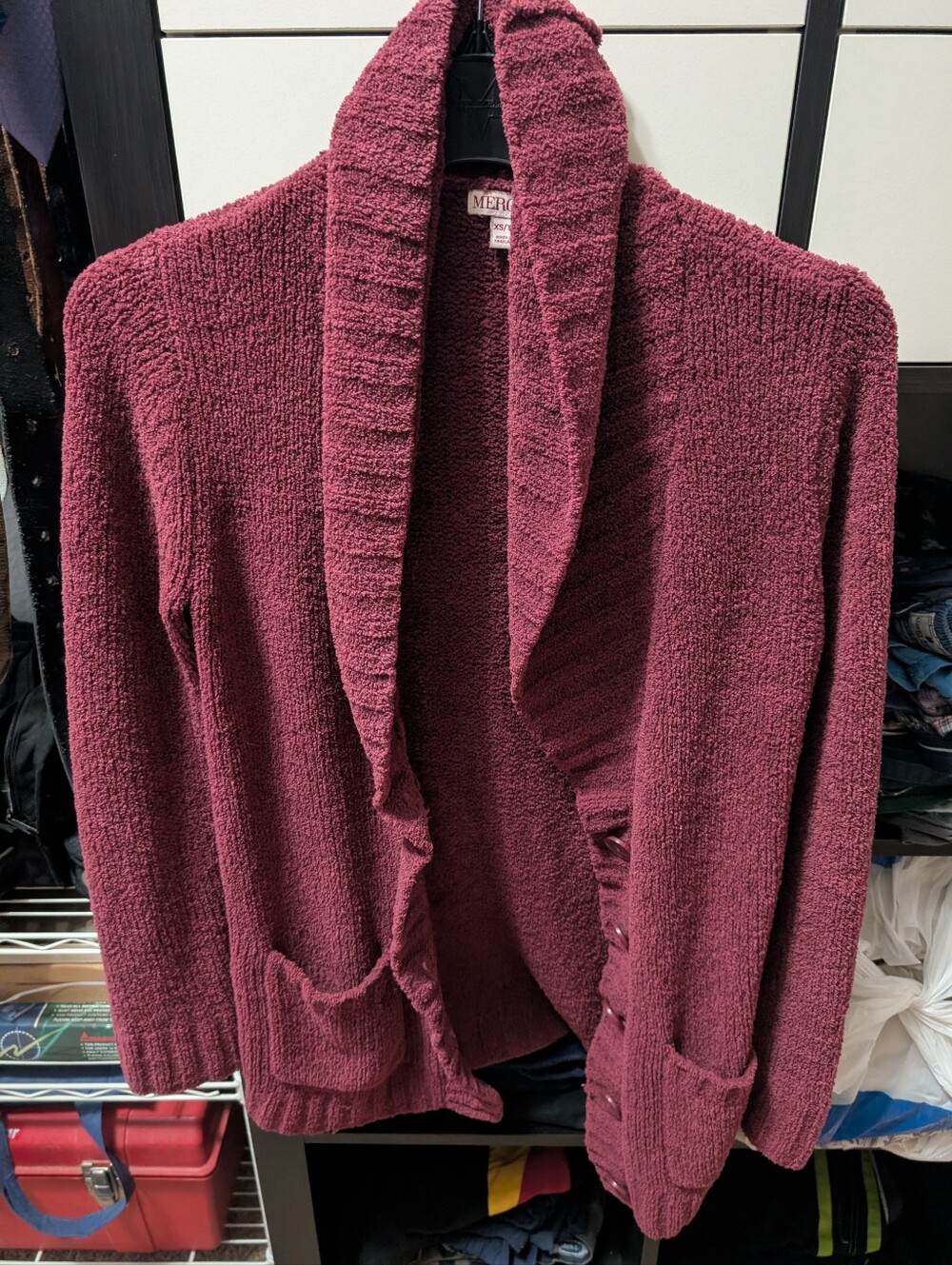 Women's Burgundy Open-Front Shawl Collar Sweater